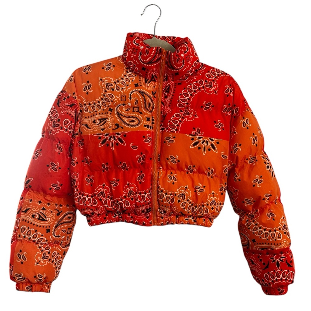 Kaylee Kollection Orange Paisley Bomber Puffer Jacket Size Small S